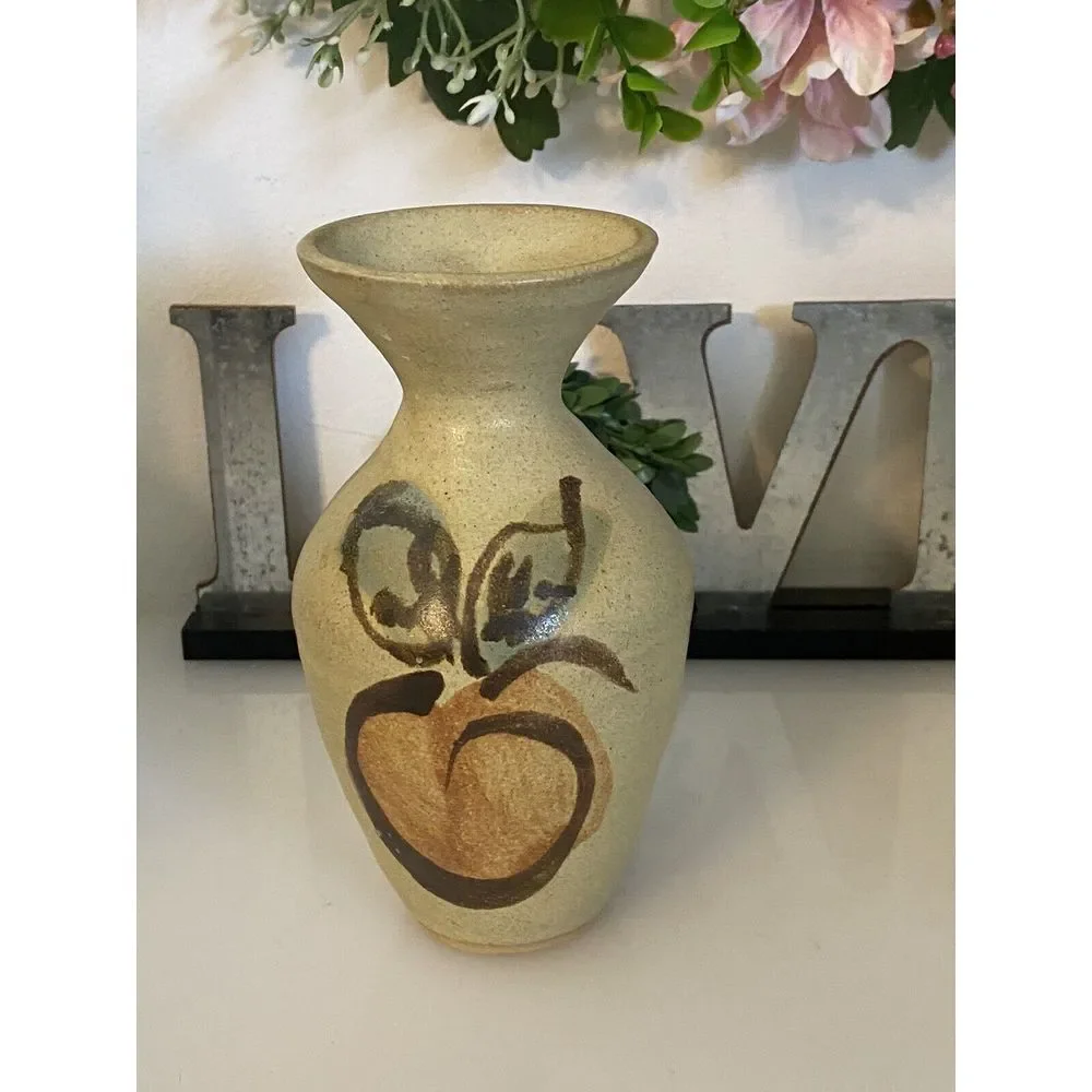 Vintage Hand Painted Stoneware Vase MCM‎ Signed Numbered Peach Design 6